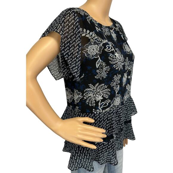 2/$30 Cabi Hybrid Layered Blouse Navy Blue Floral Ruffle Sleeve #5355 Size S - Picture 3 of 12